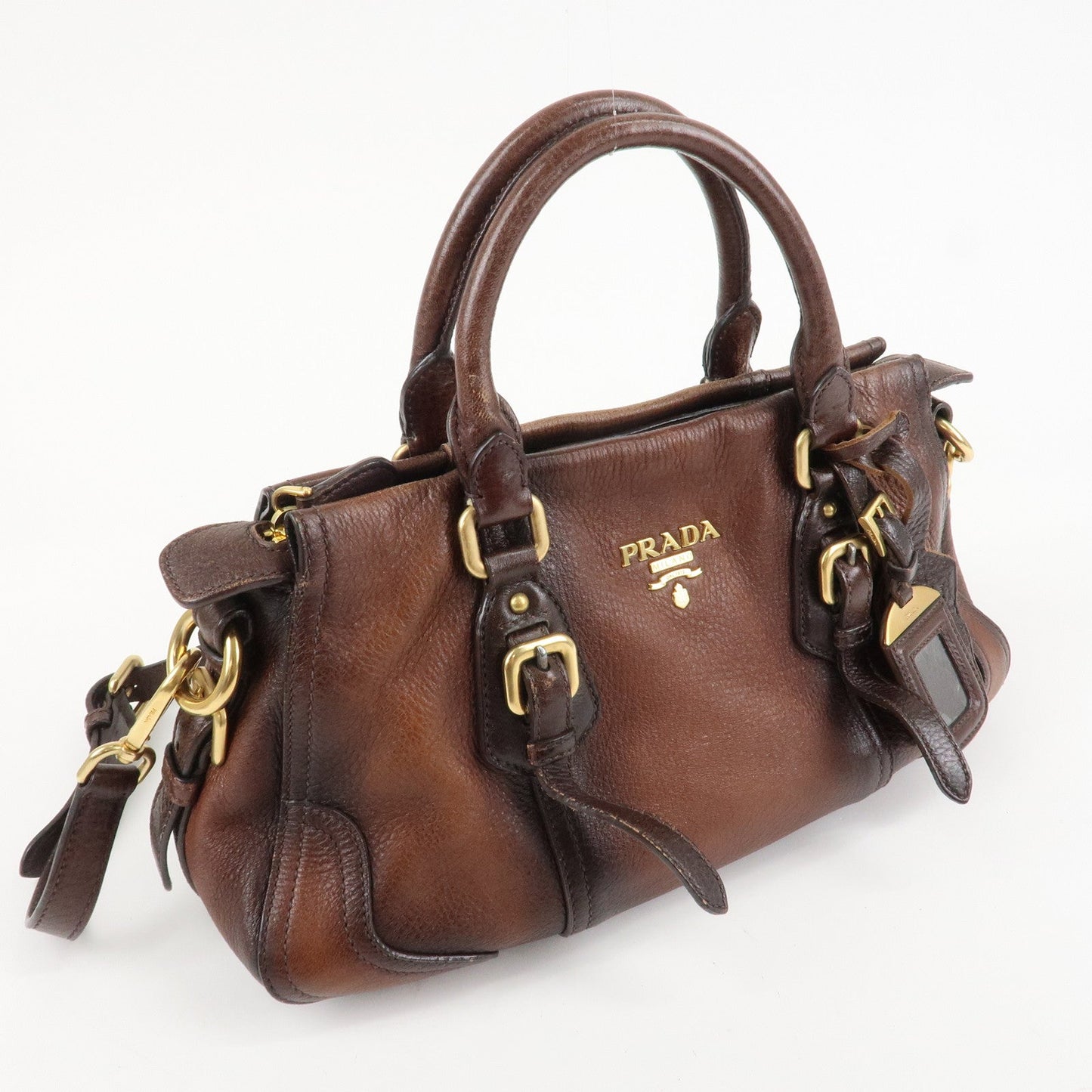 PRADA Logo Leather 2WAY Tote Bag Hand Bag Brown Gold Hardware  d