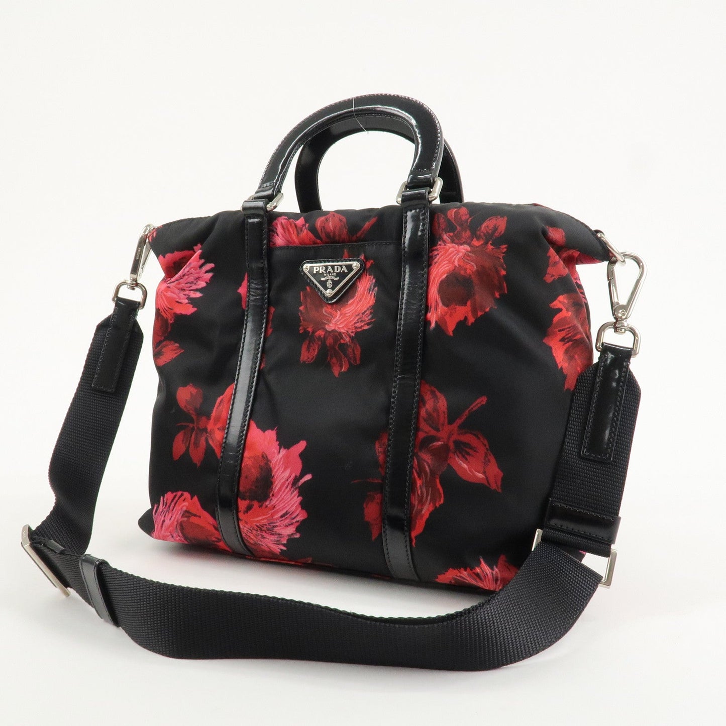 PRADA Triangle Logo Nylon Patent Leather 2Way Bag Flower BN1066  d