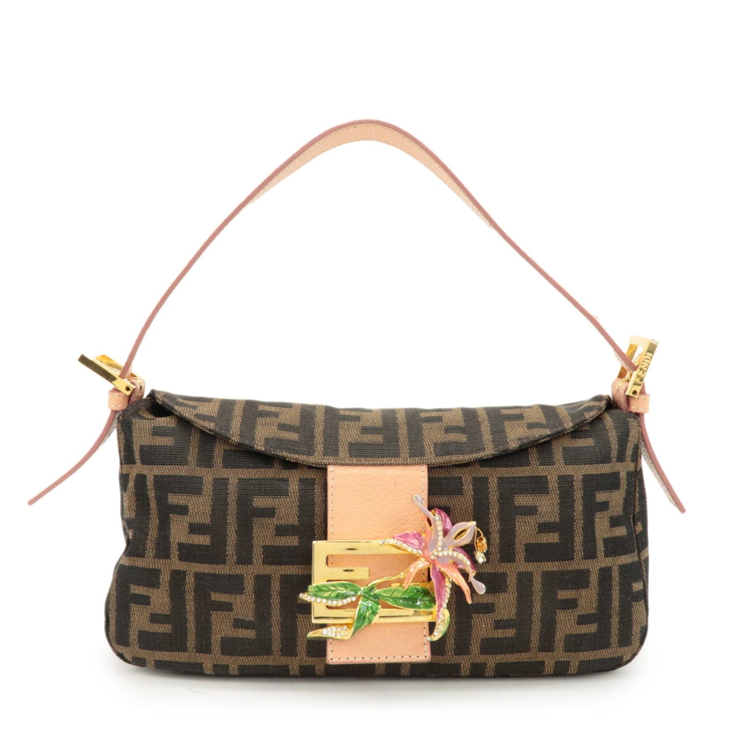 FENDI Zucca Canvas Leather Shoulder Bag Brown Pink Beige 26725  d