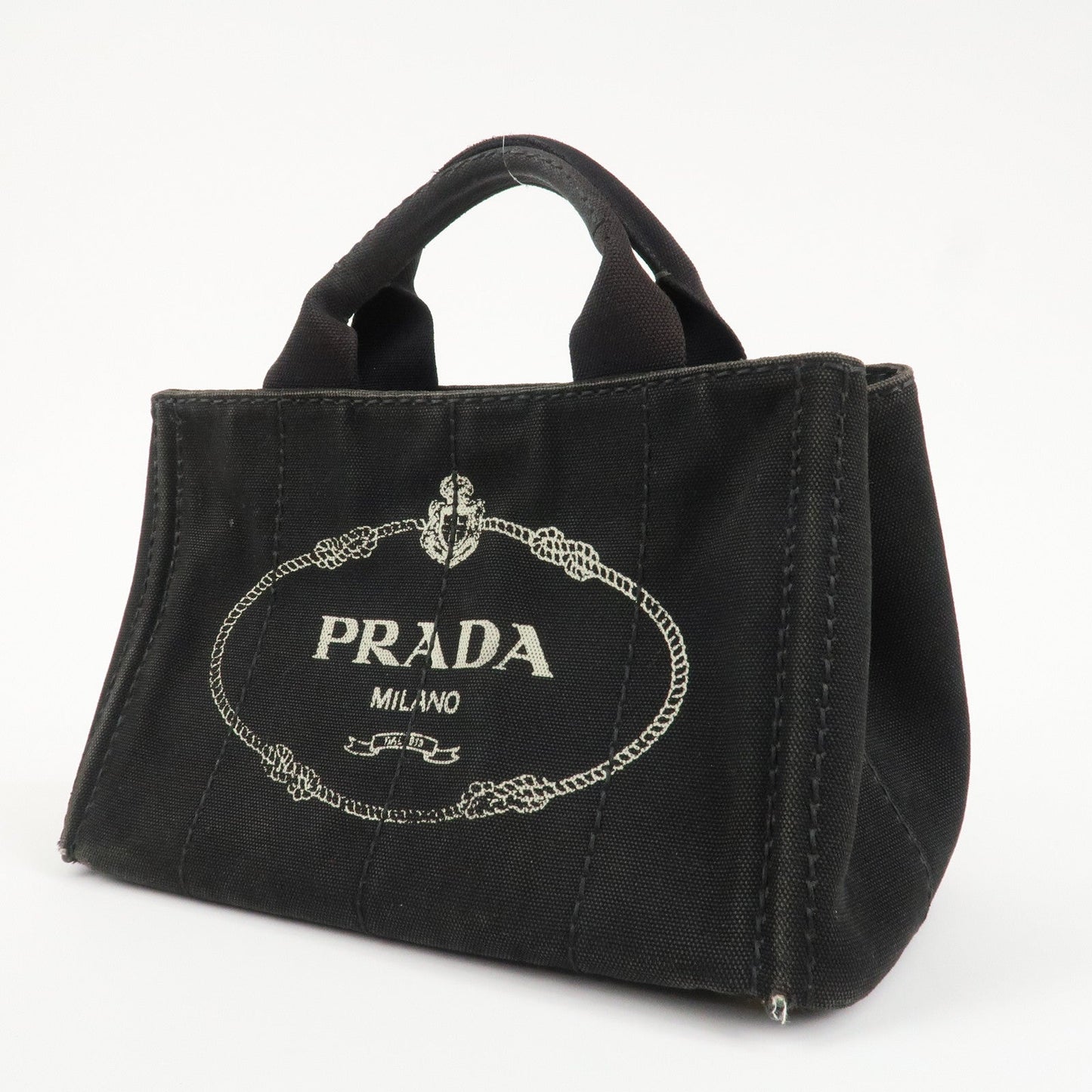PRADA Logo Canapa Mini Canvas Tote Bag Hand Bag Black BN2439  d