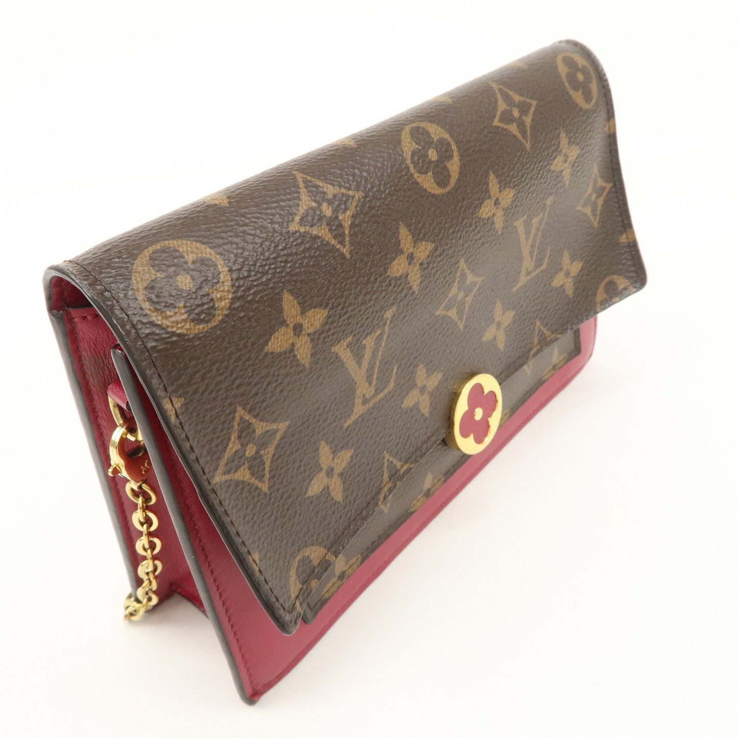 Louis Vuitton Monogram Leather Portefeuille Flore Chain Wallet Brown Pink M69578  d