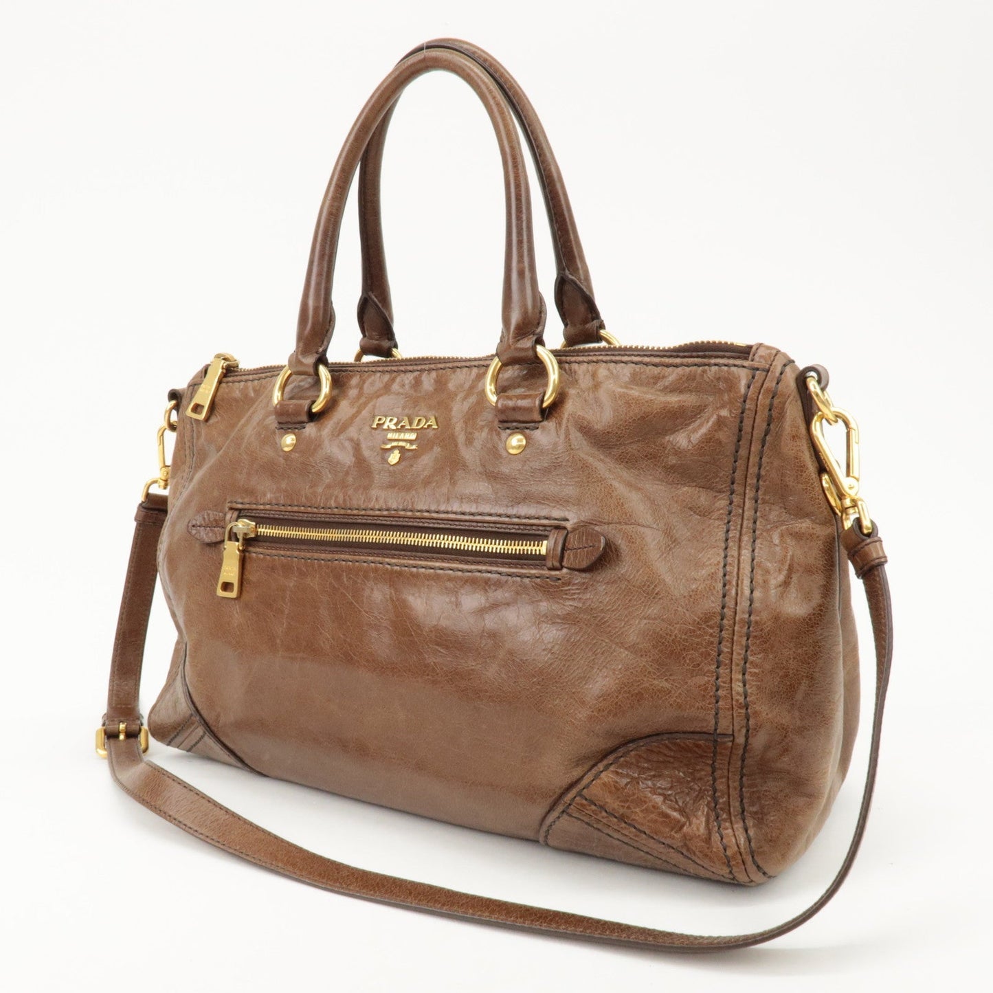 PRADA Logo Leather 2Way Bag Tote Bag Shoulder Bag Brown BL0727  d