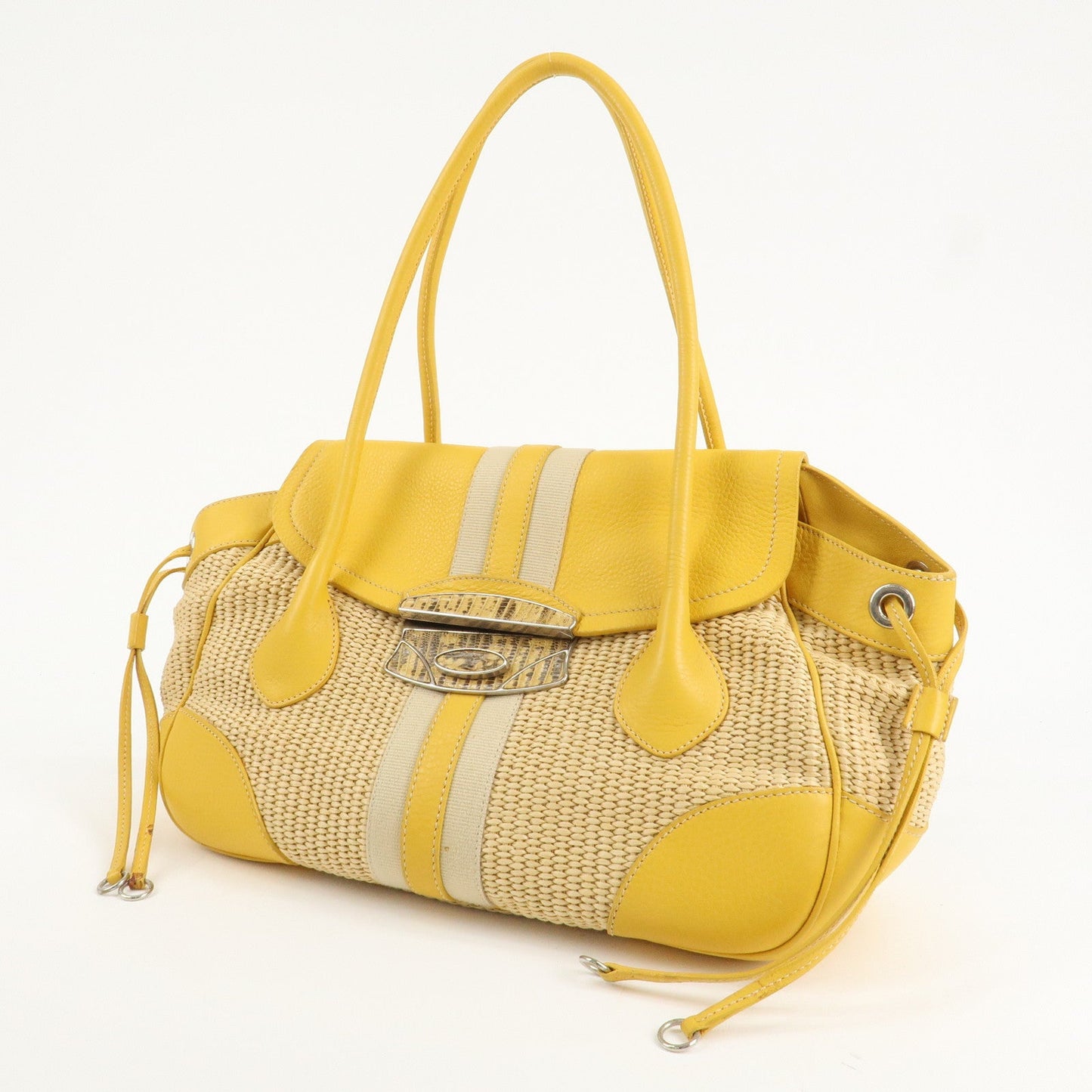 PRADA Triangle Logo Leather Raffia Tote Bag Beige Yellow  d