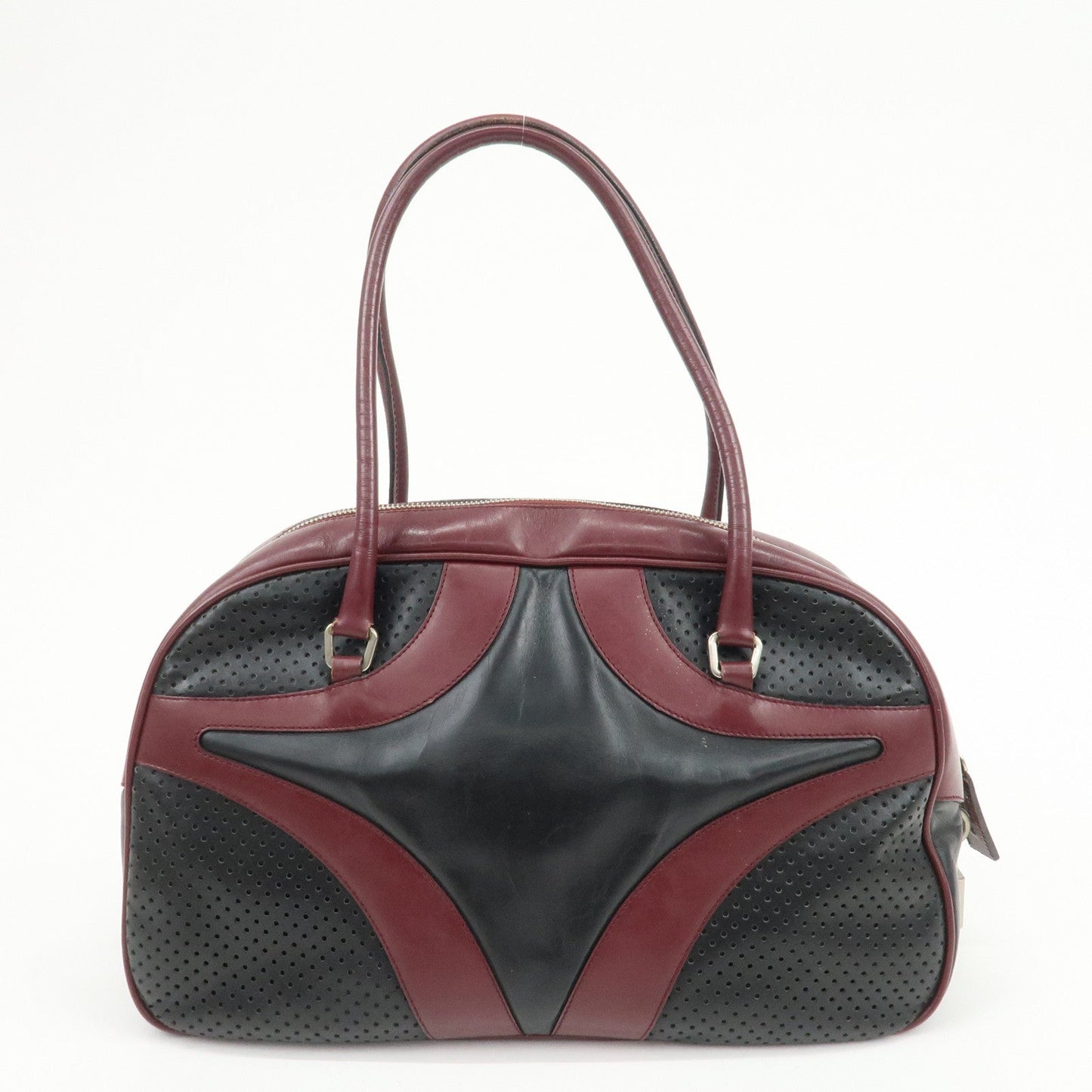 PRADA Leather Boston Bag Bowling Bag Hand Bag Black Bordeaux B10524