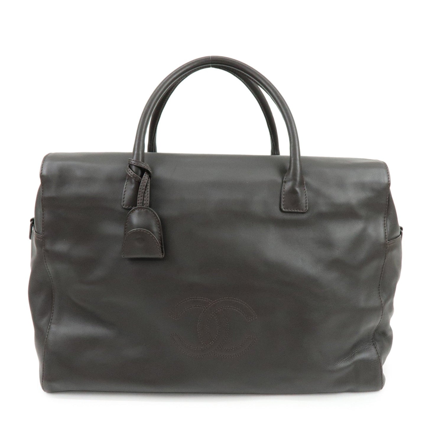 CHANEL COCO Mark Calf Skin Boston Bag Travel Bag Dark Brown