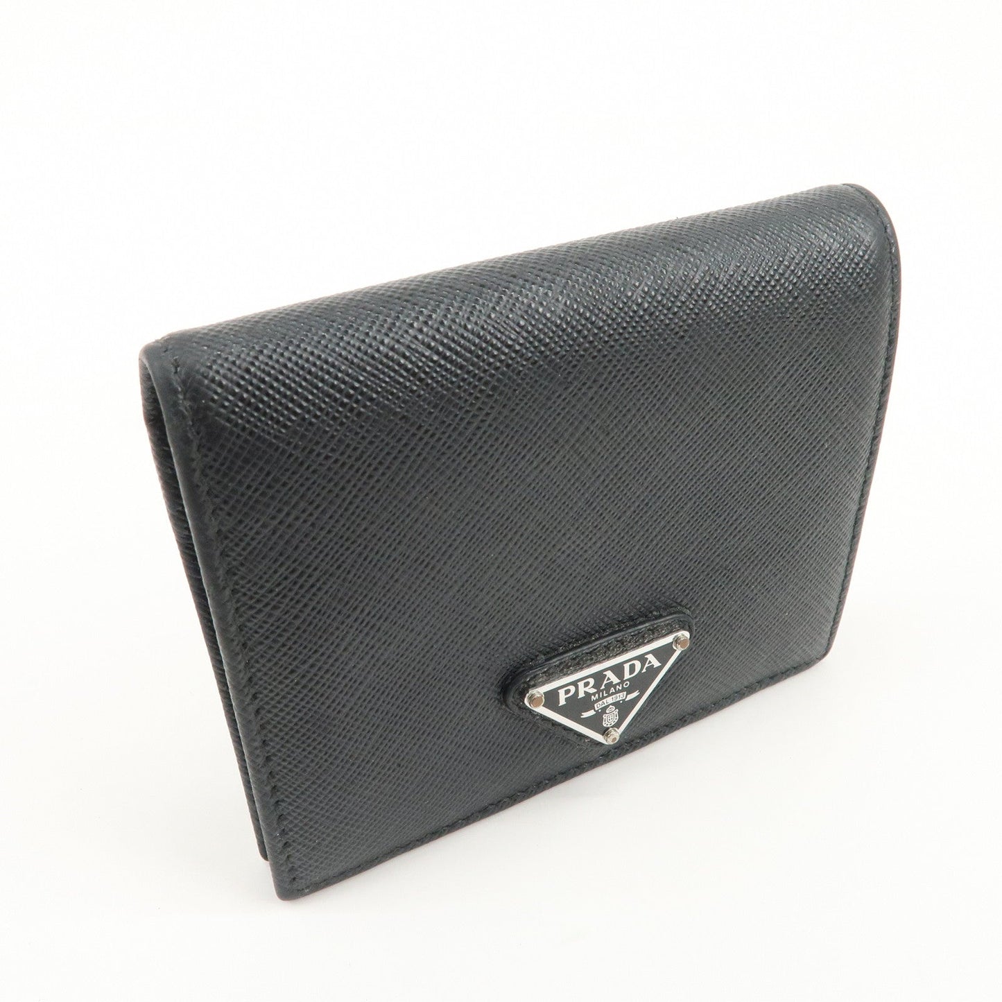 PRADA Triangle Logo Saffiano Leather Bi-Fold Compact Wallet Black
