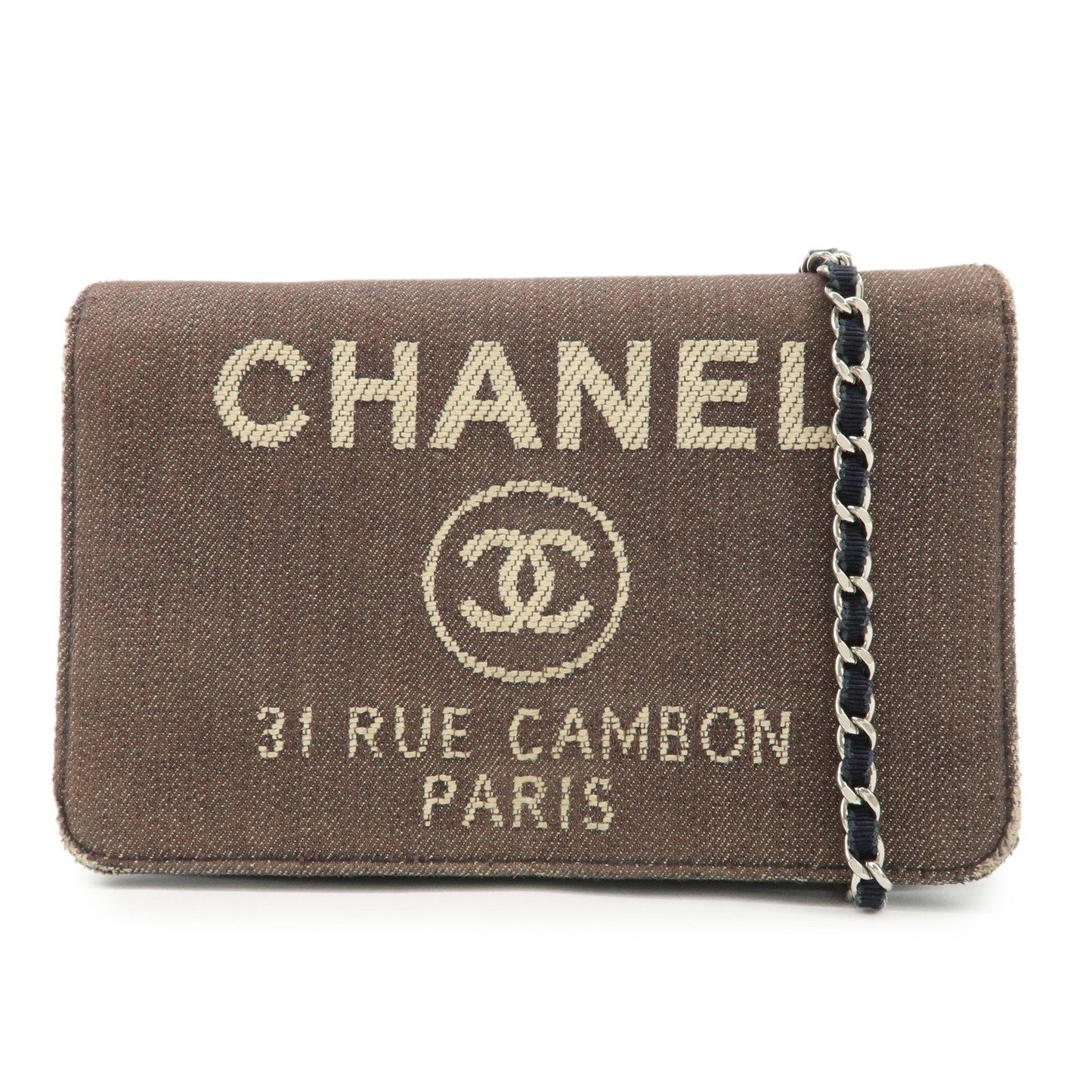 CHANEL Deauville Denim Chain Wallet Navy Brown Silver HDW A80795  d