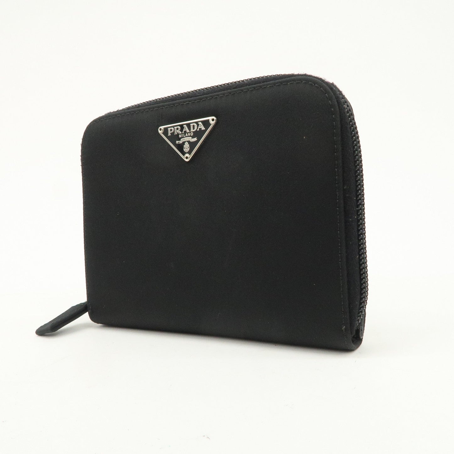 PRADA Tessuto Nylon Bi-fold Round Zippy Compact Wallet Black M605