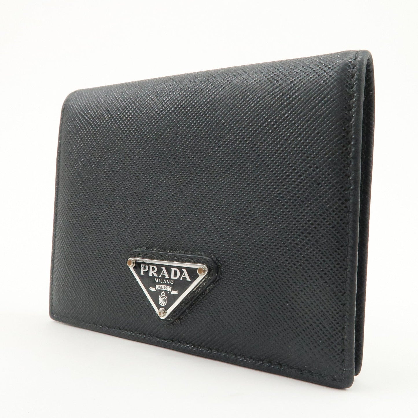 PRADA Triangle Logo Saffiano Leather Bi-Fold Compact Wallet Black