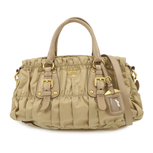 PRADA Logo Nylon Leather 2Way Shoulder Bag Hand Bag Beige BN1407