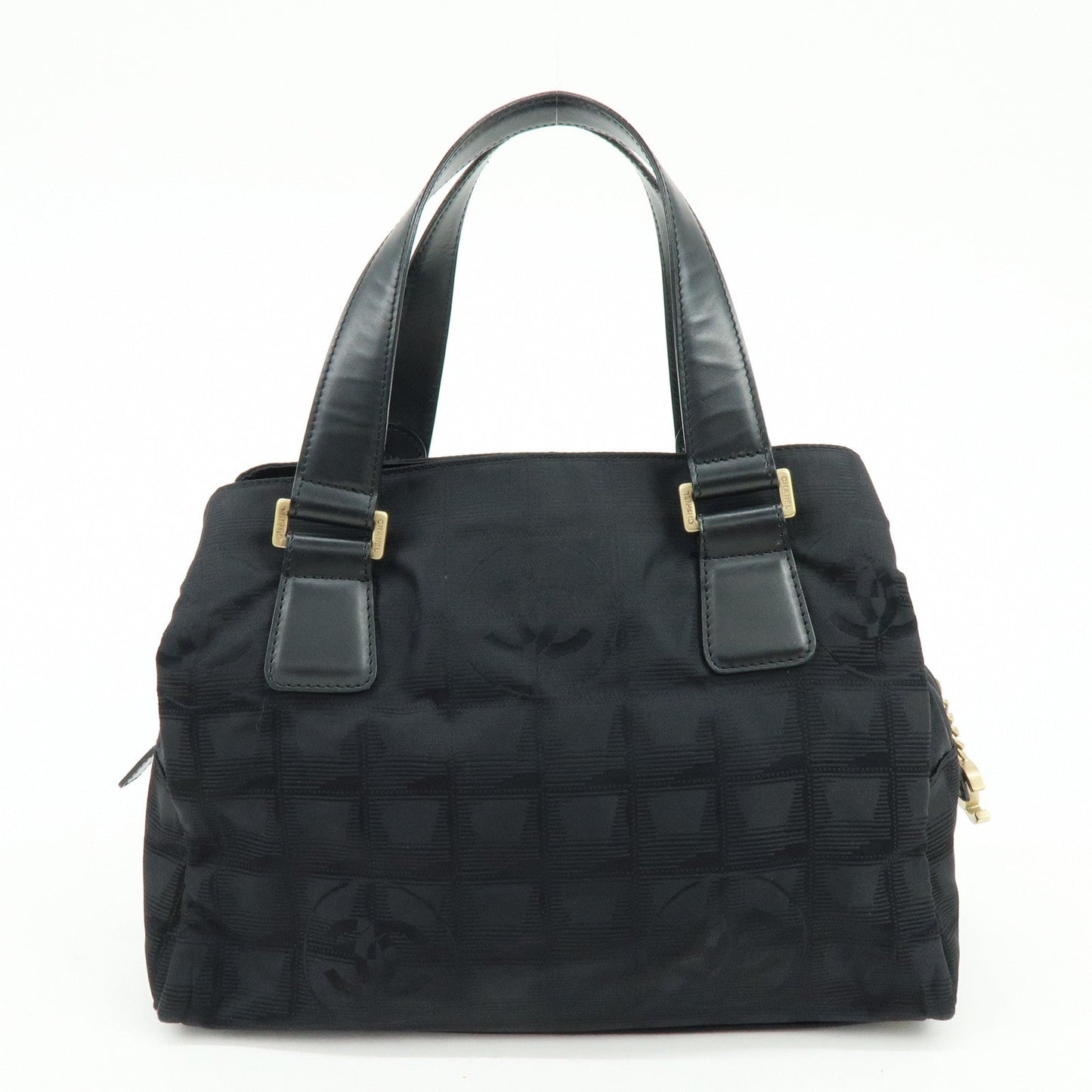 CHANEL New Travel Line Nylon Jacquard Leather Hand Bag Black