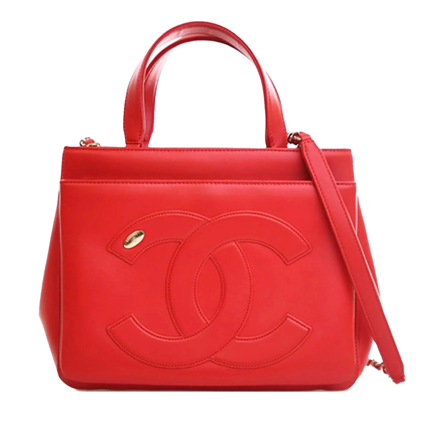 Red Chanel Small Lambskin CC Mania Shopping Tote Satchel