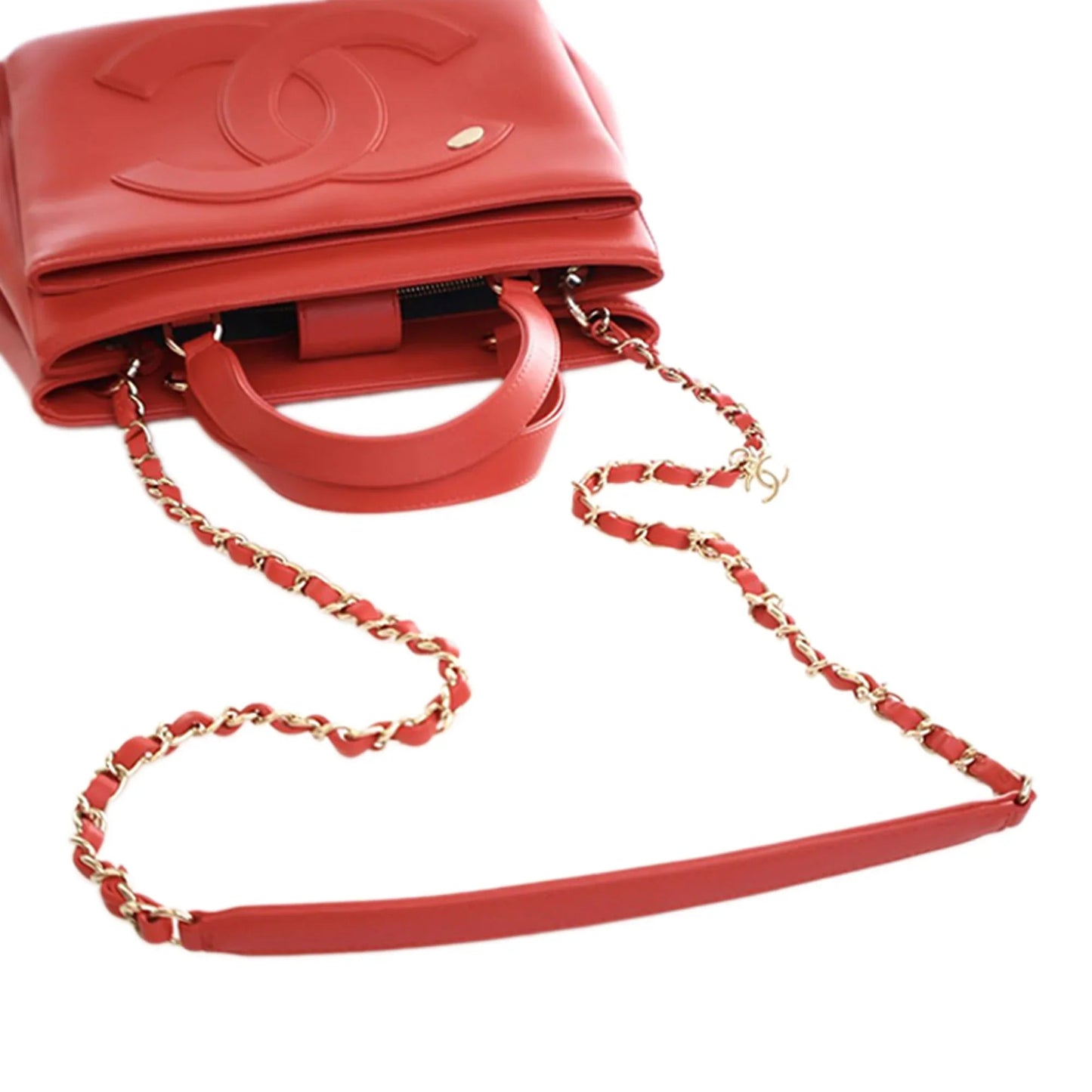Red Chanel Small Lambskin CC Mania Shopping Tote Satchel
