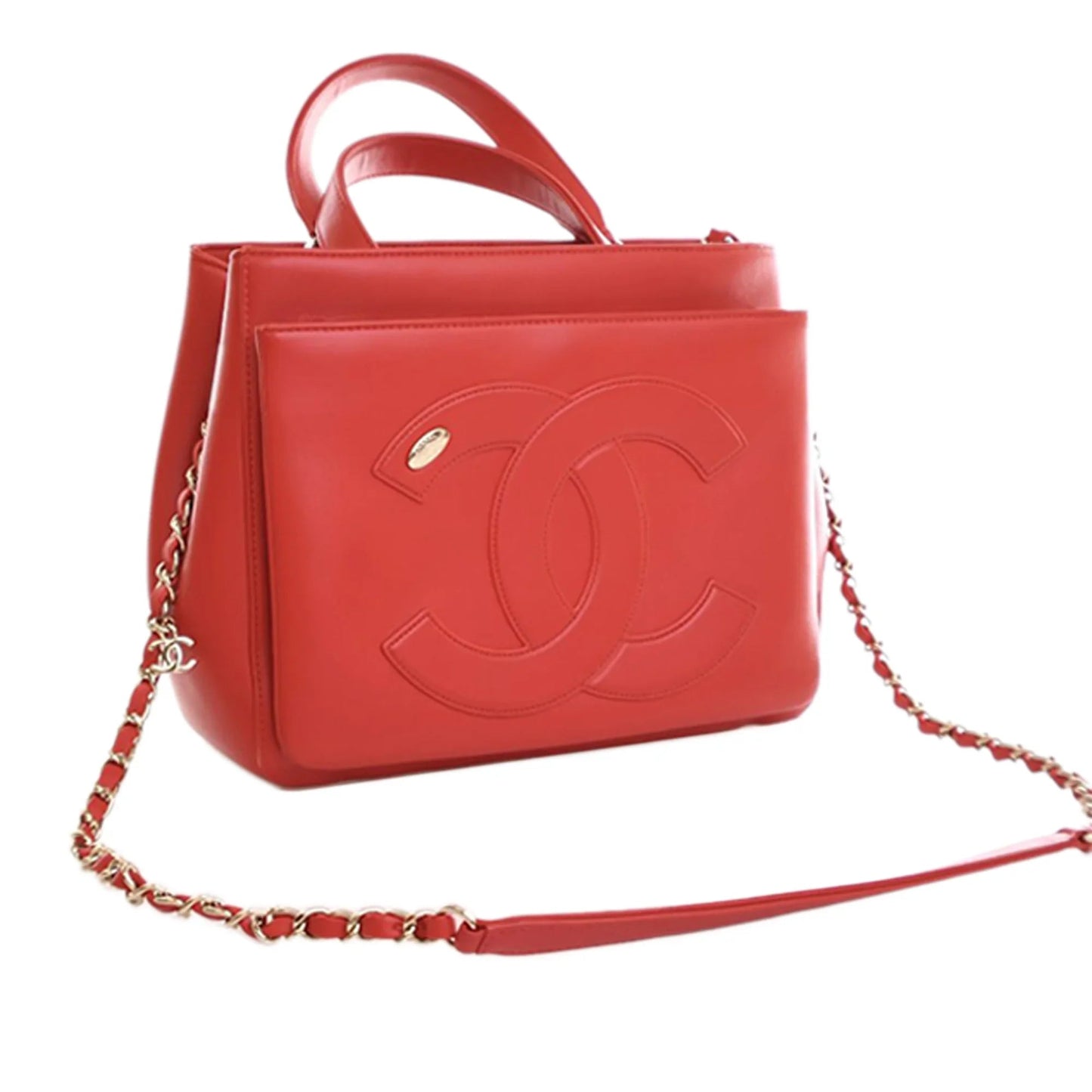 Red Chanel Small Lambskin CC Mania Shopping Tote Satchel