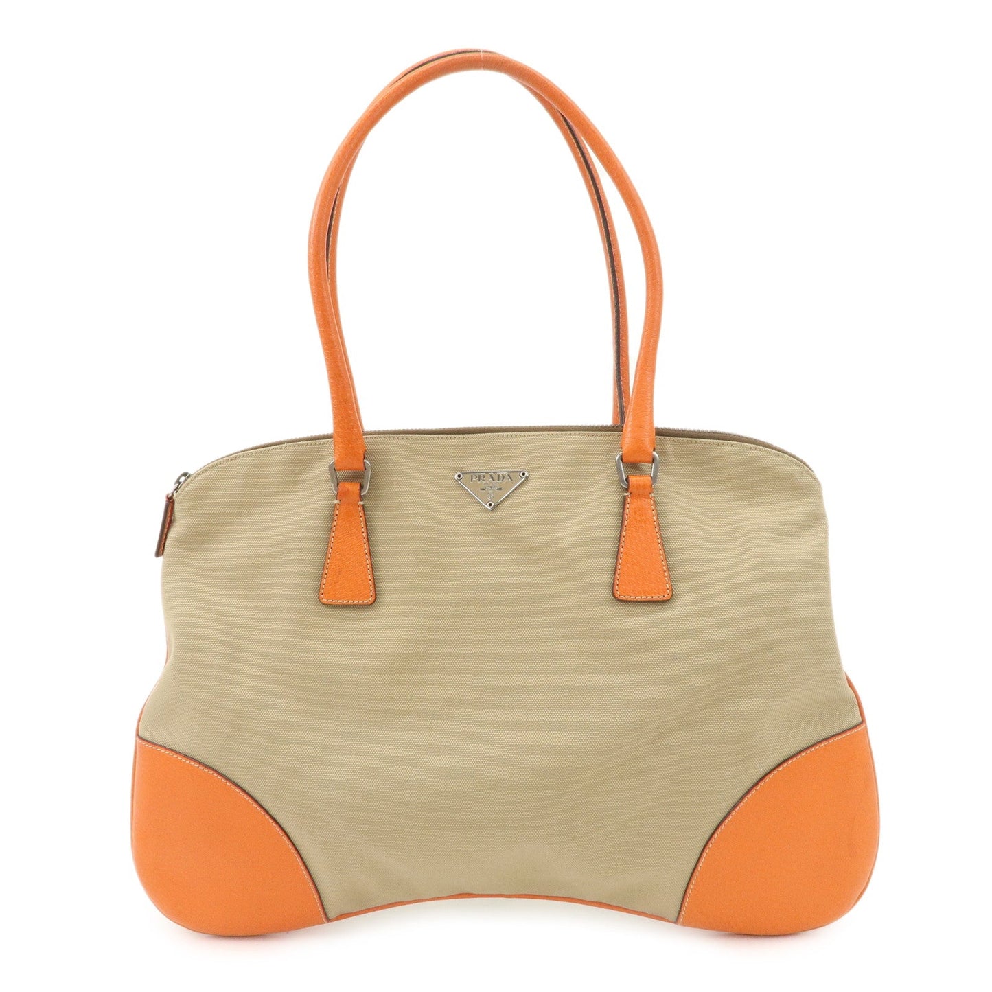 PRADA Triangle Logo Canvas Leather Shoulder Bag Orange Beige  d
