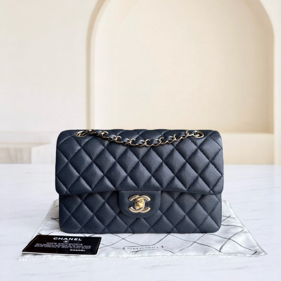 Chanel Classic Flap Small - Caviar Quilted Grained Calfskin Dark Midnight Blue Gold Hardware Series 26