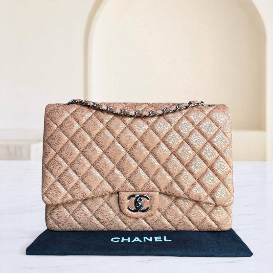 Chanel Classic Flap Maxi - Caviar Quilted Grained Calfskin Metallic Bronze Gold Hardware Series 14