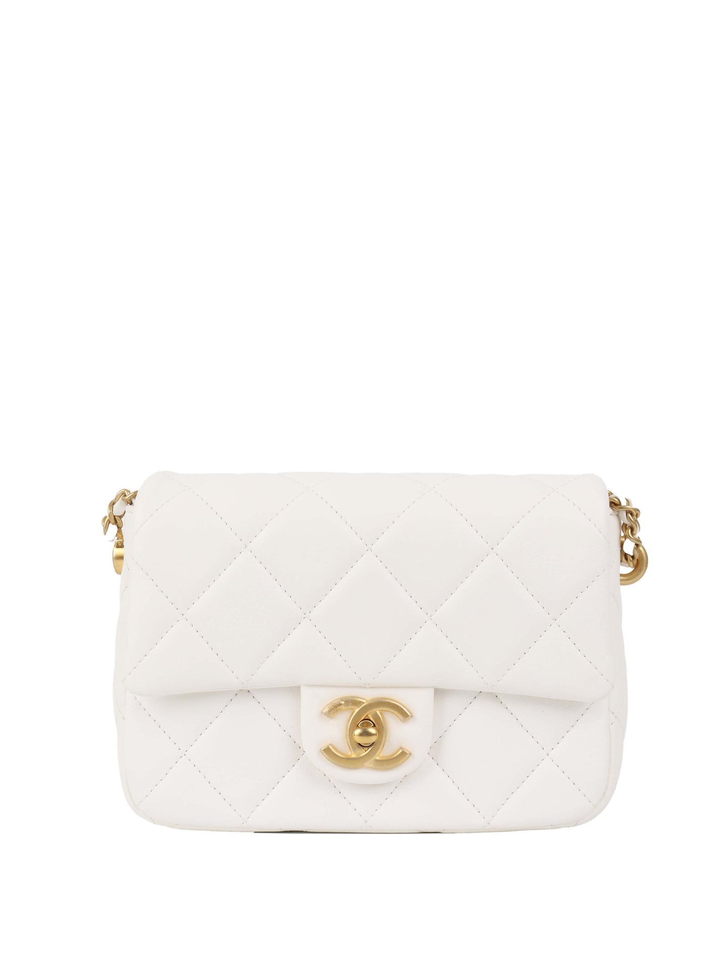 Chanel White and Pearl Chain Flap Bag.