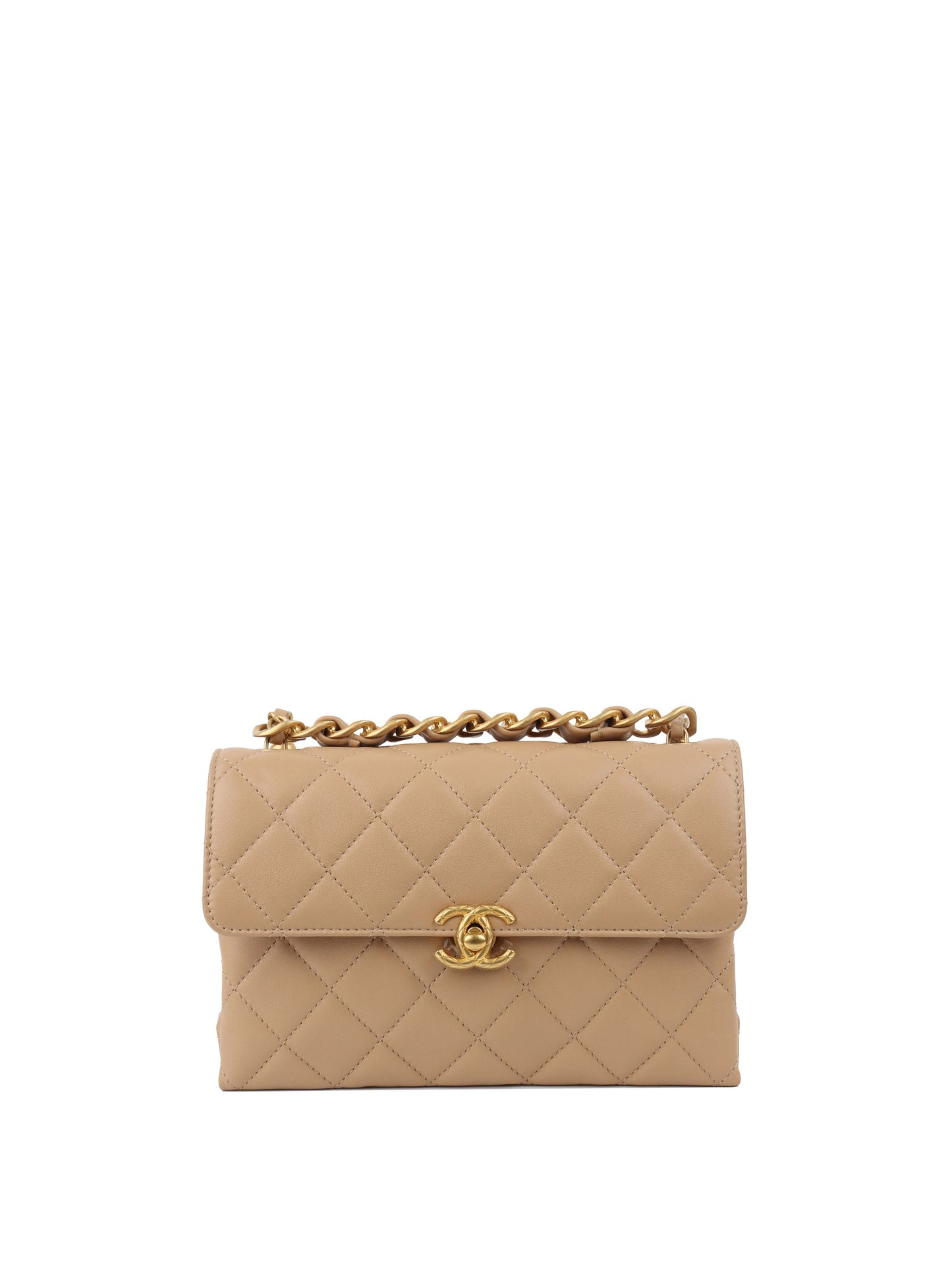 Chanel Beige Woven Chain Link Handle Flap Bag.