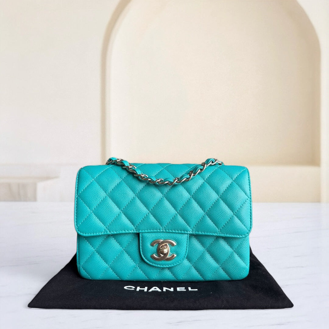 Chanel Classic Flap Mini - Caviar Quilted Grained Calfskin Cyan Gold Hardware Series 23