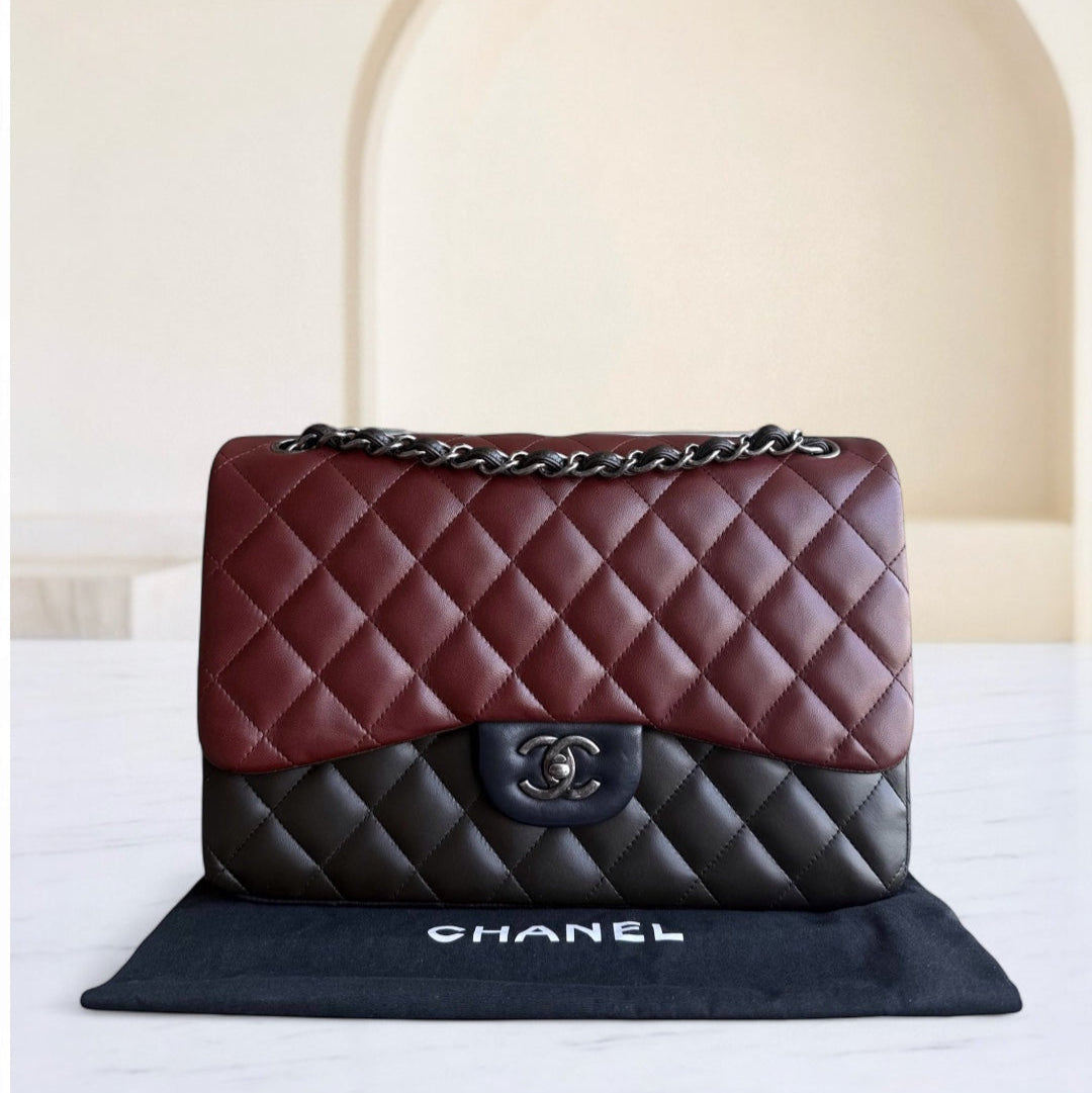 Chanel Classic Flap Jumbo - Quilted Lambskin Bi-Color Burgundy Black Silver Hardware Series 18