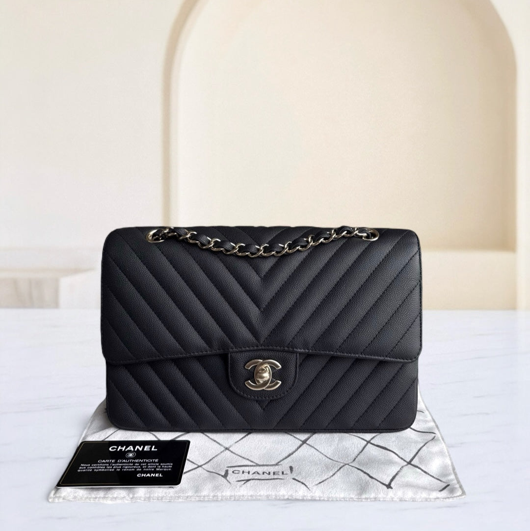 Chanel Classic Flap Medium - Caviar 25CM Chevron Grained Calfskin Black Gold Hardware Series 27