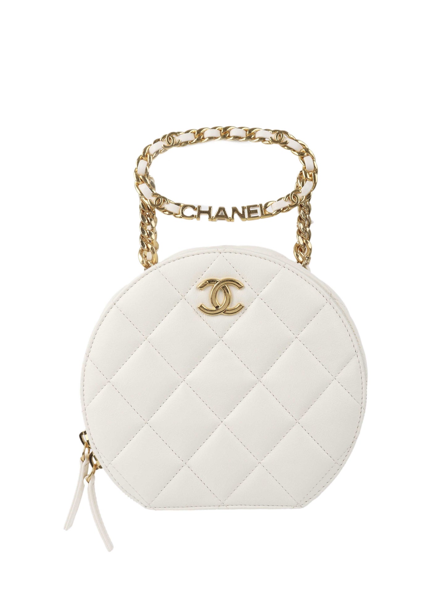 Chanel White Round Vanity with Chain Ring Handle.