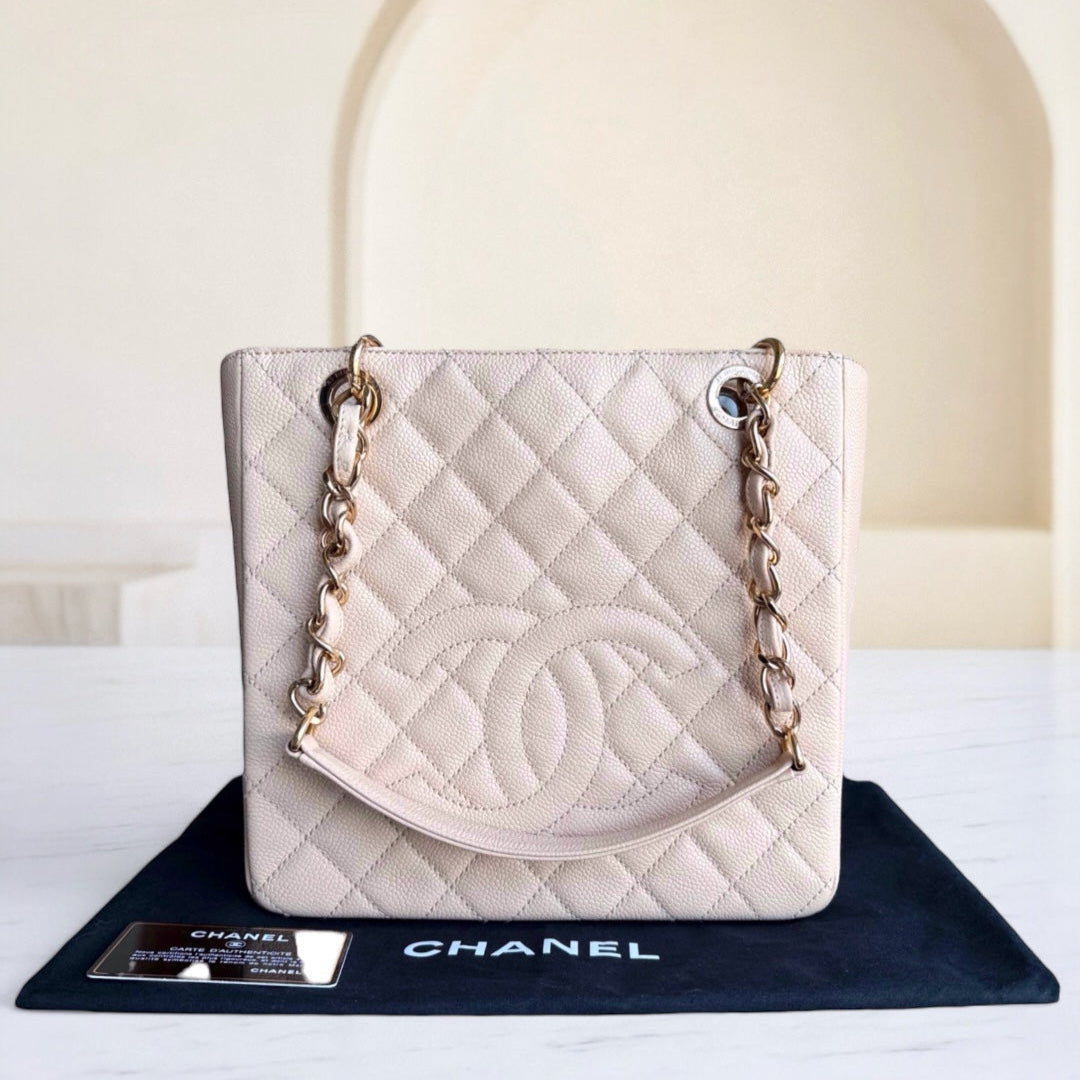 Chanel PST Petite Shopping Tote - Caviar Quilted Grained Calfskin Light Beige Gold Hardware Series 15