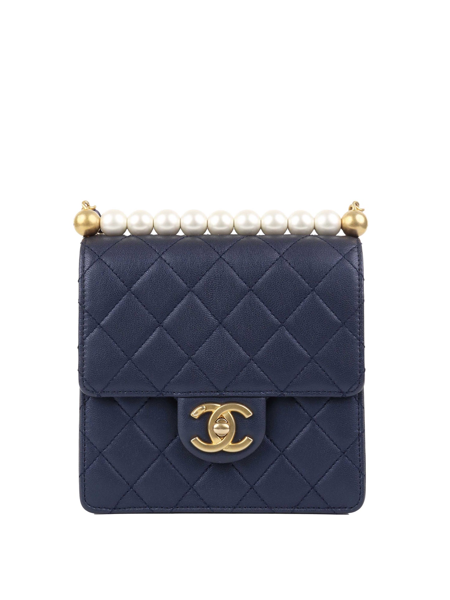Chanel Navy Iridescent Flap Bag with Pearls.