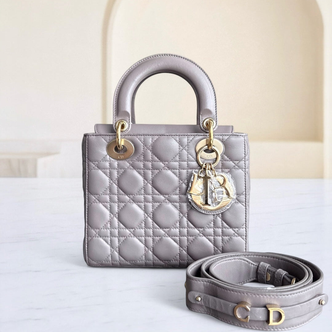 Dior Lady Small Flap - Cannage Lambskin Grey Gray Gold Hardware