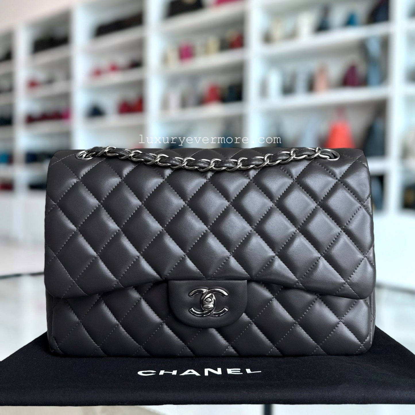 Chanel Classic Flap Jumbo - 30CM Quilted Lambskin Double Flap Dark Grey Gray Silver Hardware Series 16