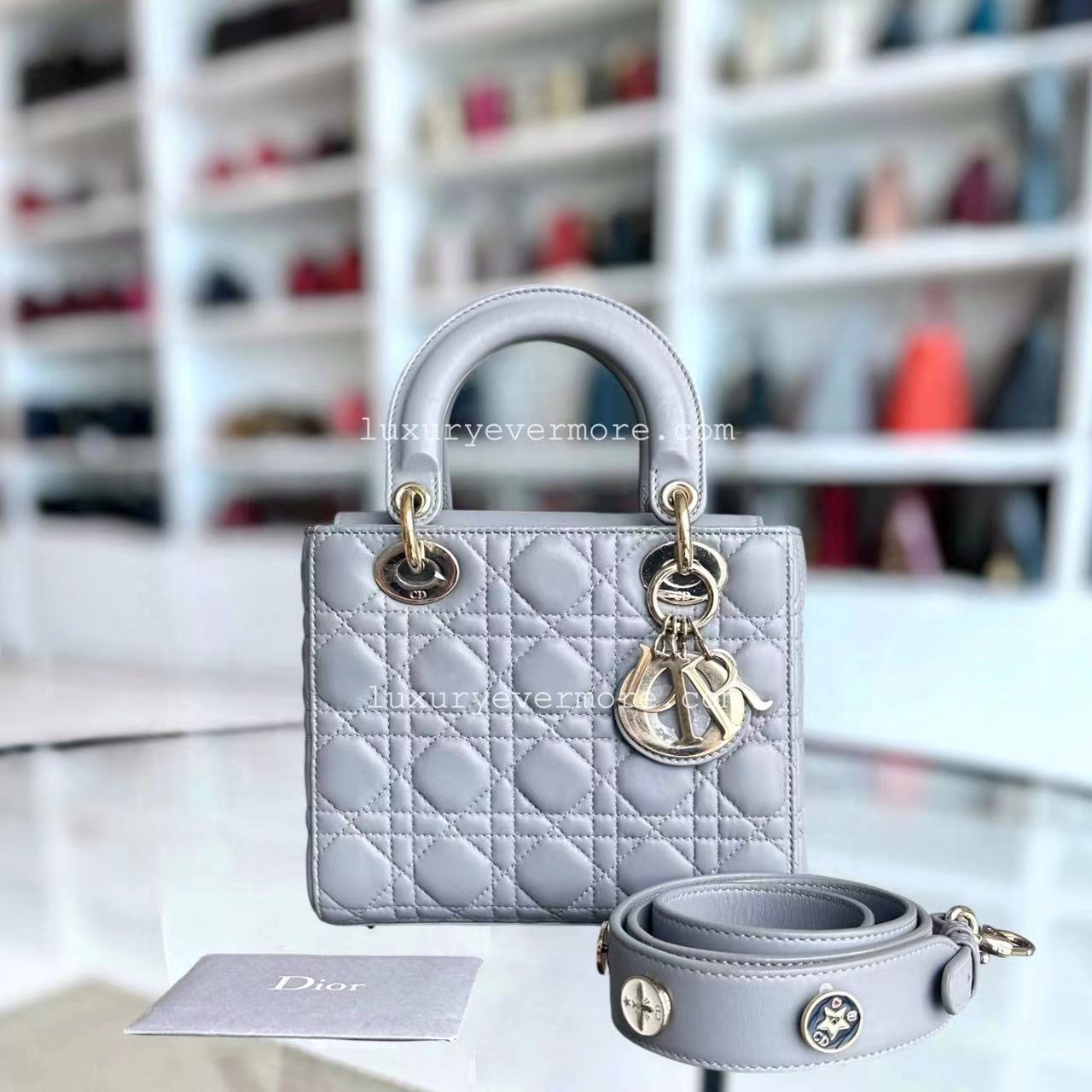 Dior Lady Small - Lambskin Cannage Grey Gray Golden Hardware ABC