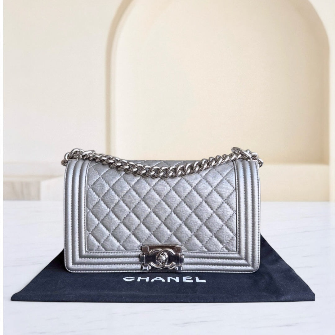 Chanel Boy Medium - Caviar 25CM Quilted Grained Calfskin Iridescent Silver Hardware Sereis 24