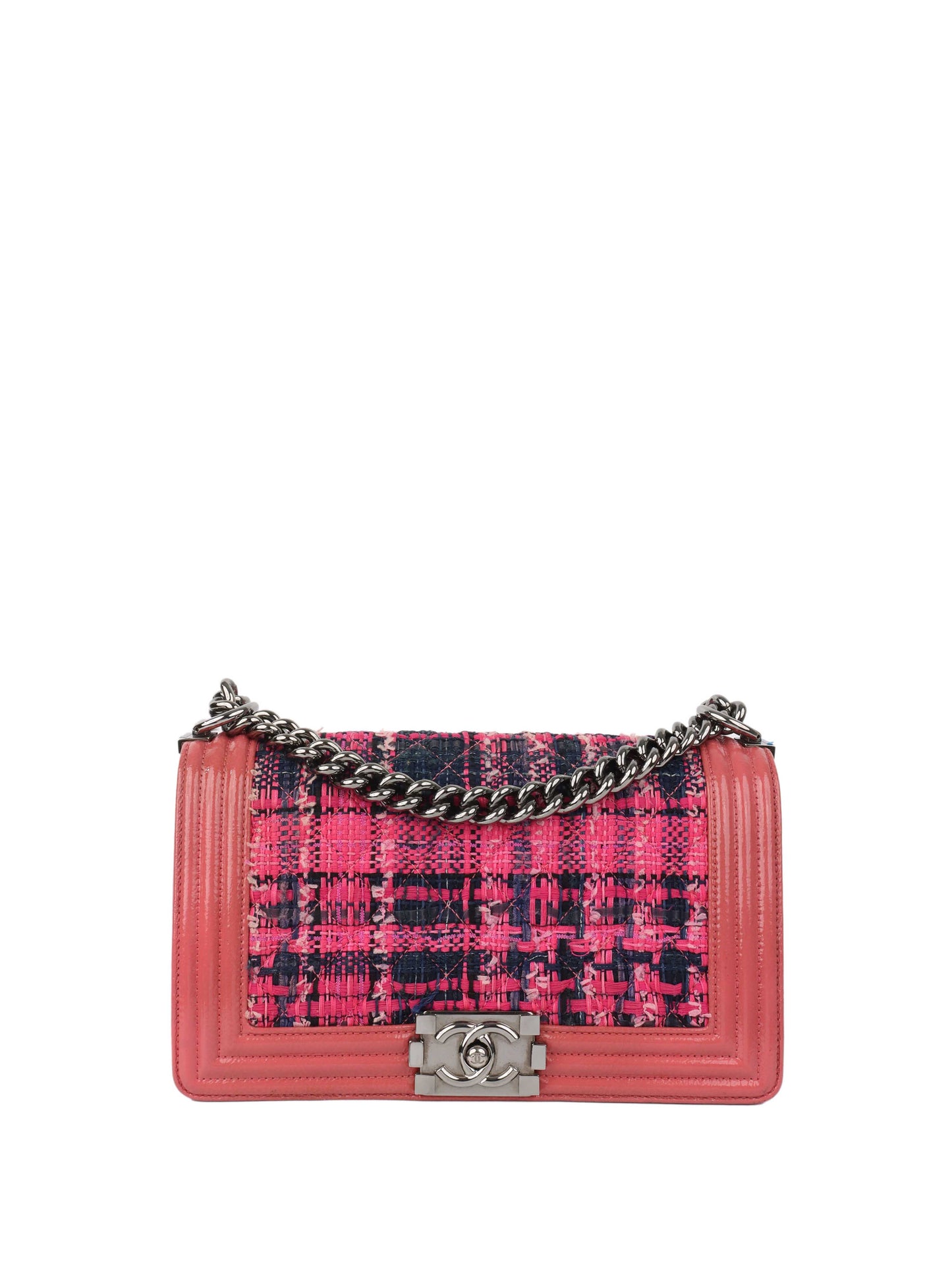 Chanel Medium Pink Tweed Boy Bag.