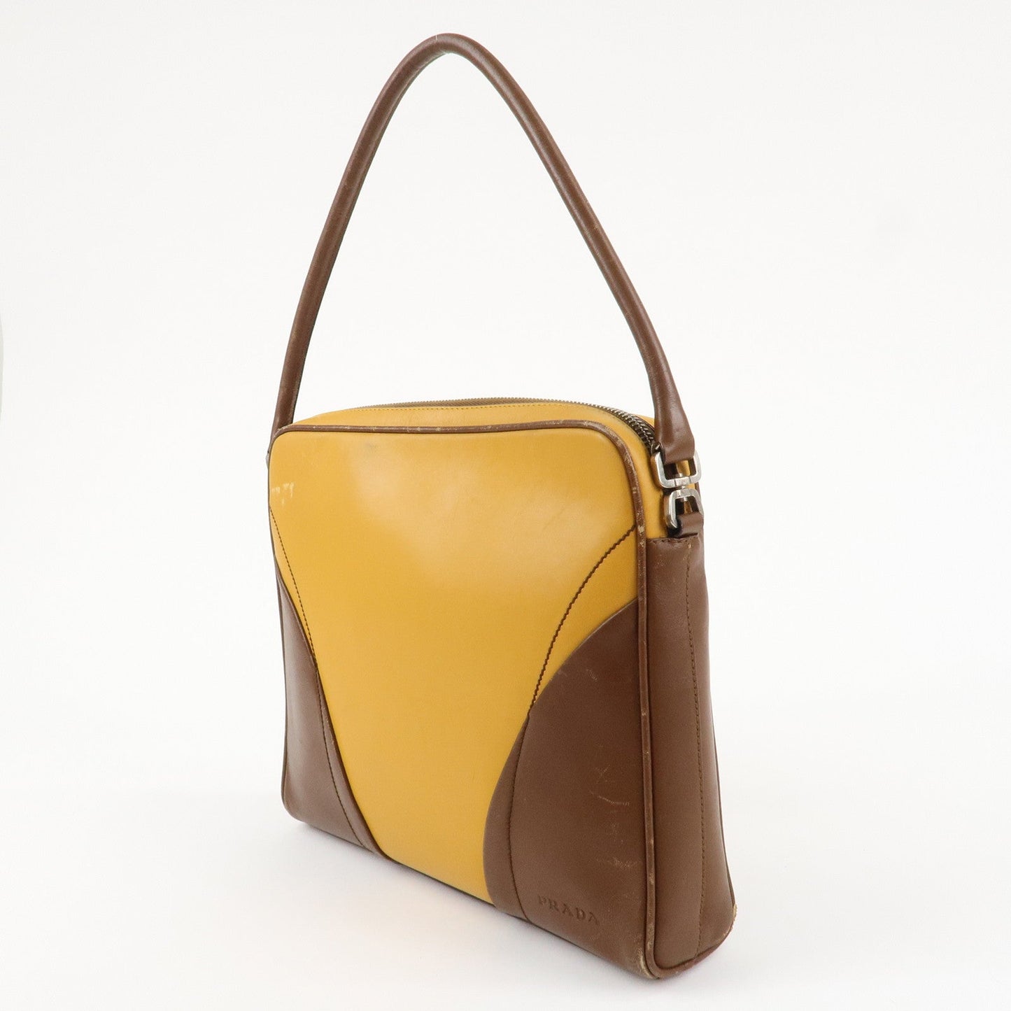 PRADA Leather Shoulder Bag Hand Bag Bi-color Mustard Brown  d