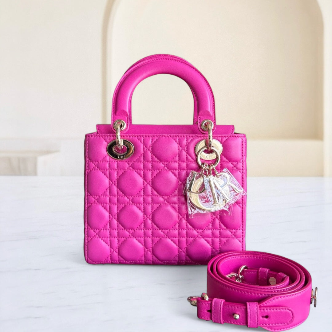 Dior Lady Small Flap - Cannage Lambskin Hot Pink Gold Hardware