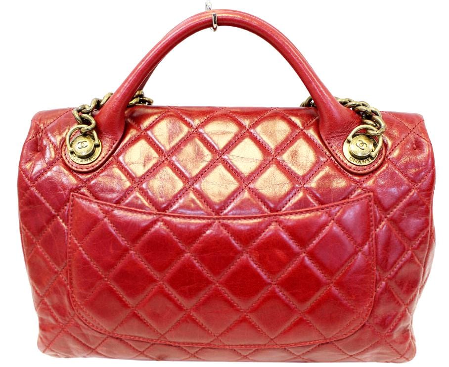CHANEL Red Quilted Glazed  Leather Large Castle Rock Top Handle Bag