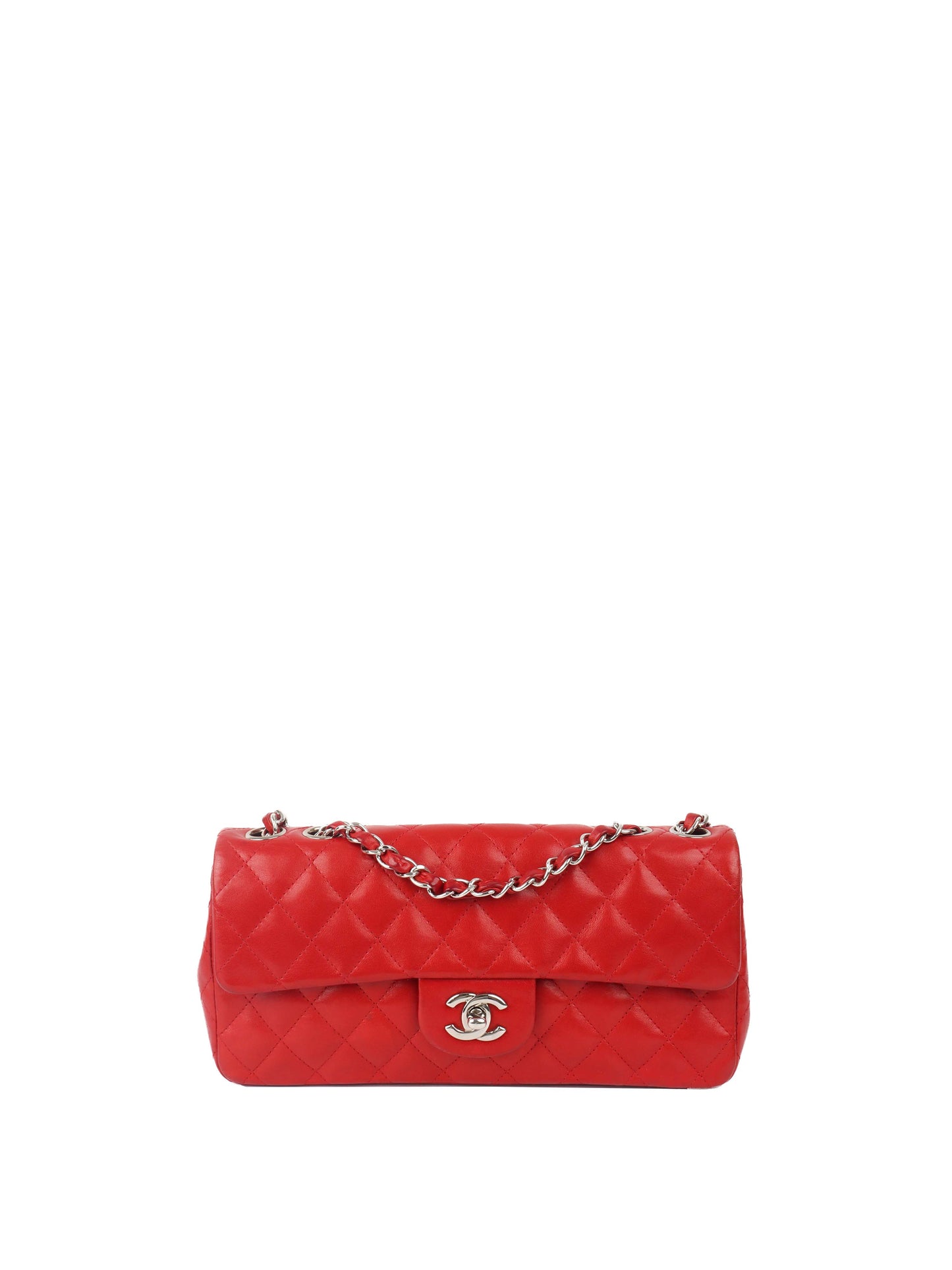 Chanel Red Lambskin East West Classic Flap Bag.