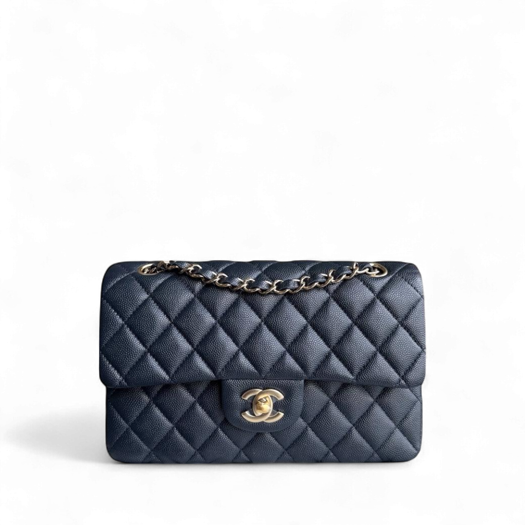 Chanel Classic Flap Small - Caviar Quilted Grained Calfskin Dark Midnight Blue Gold Hardware Series 26