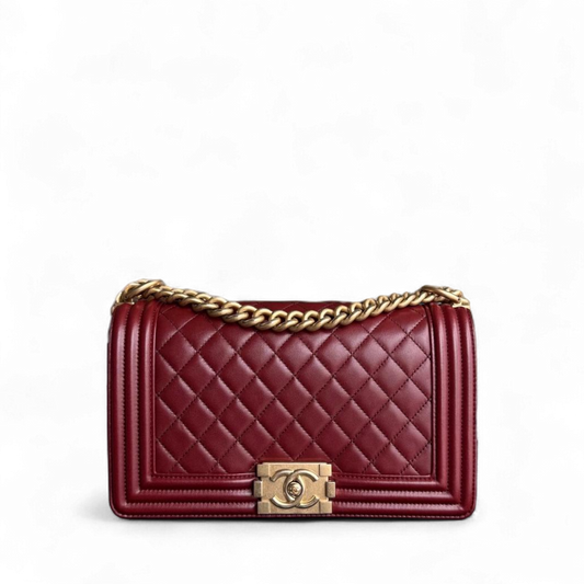 Chanel Boy Medium - 25CM Quilted Lambskin Dark Red Burgundy Gold Hardware Series 24
