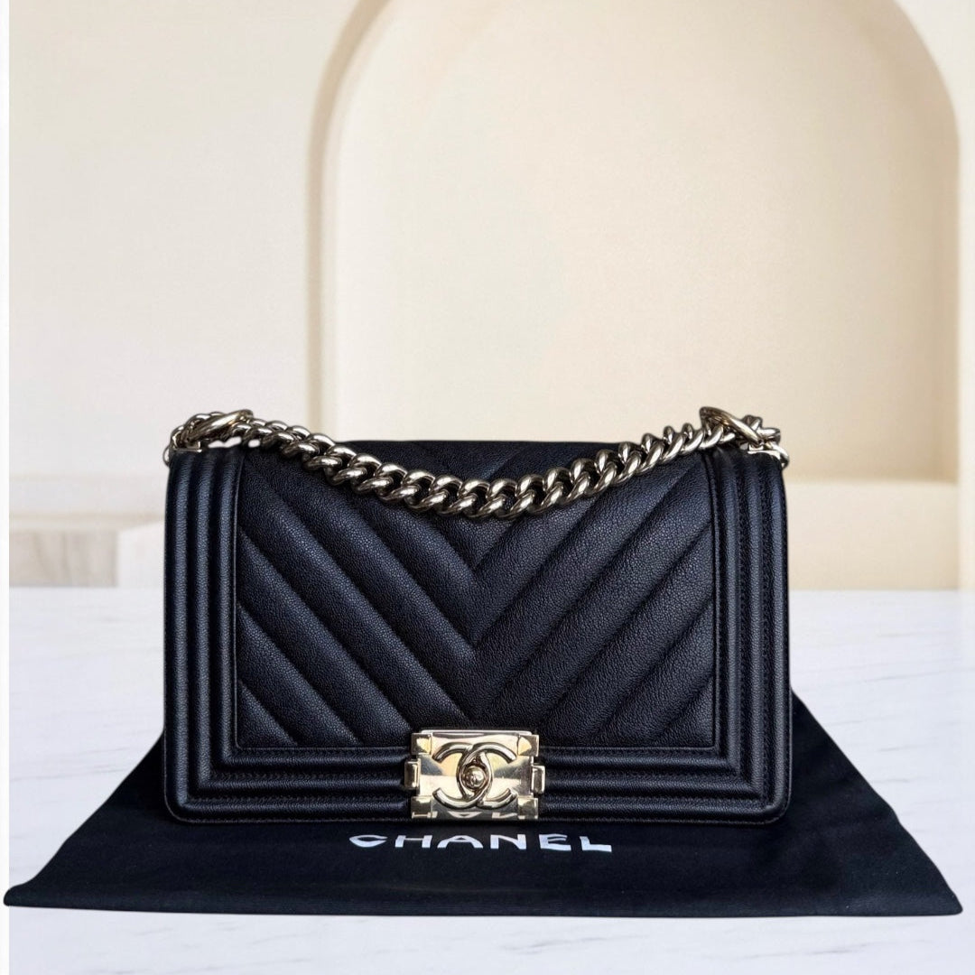 Chanel Boy Medium - Caviar 25CM Grained Calfskin Chevron Black Gold Hardware Series 30