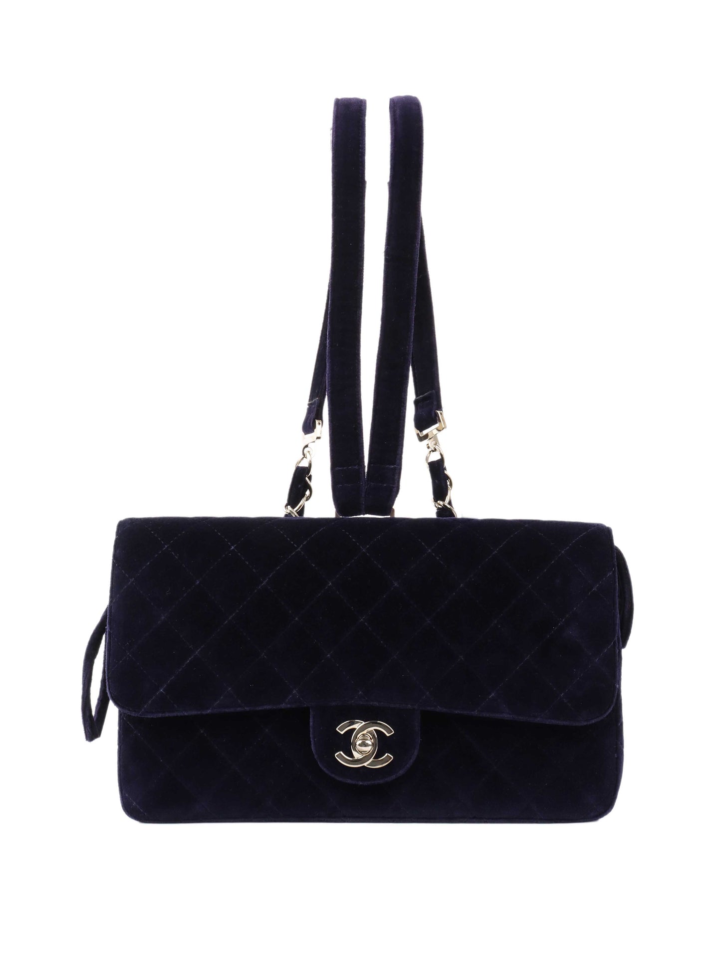 Chanel   Navy Velvet Classic Flap Backpack.
