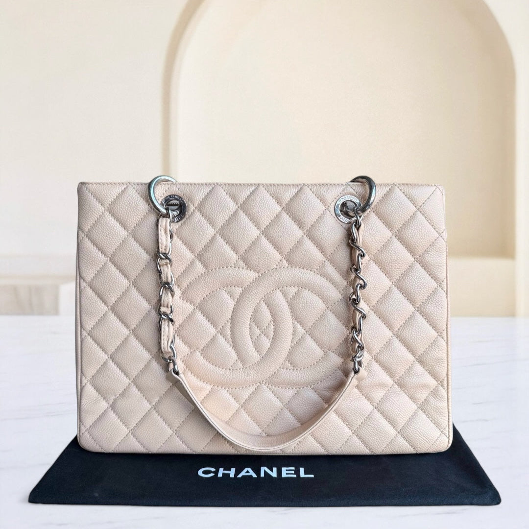 Chanel GST Grand Shopping Tote - Caviar Quilted Grained Calfskin Light Beige Silver Hardware