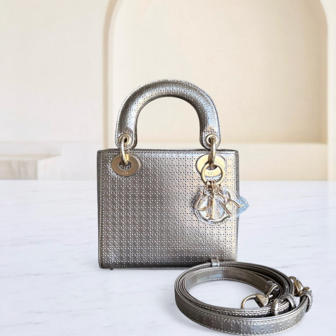 Dior Lady Mini - Micro Cannage Metallic Calfskin Gold Hardware Adjustable Strap