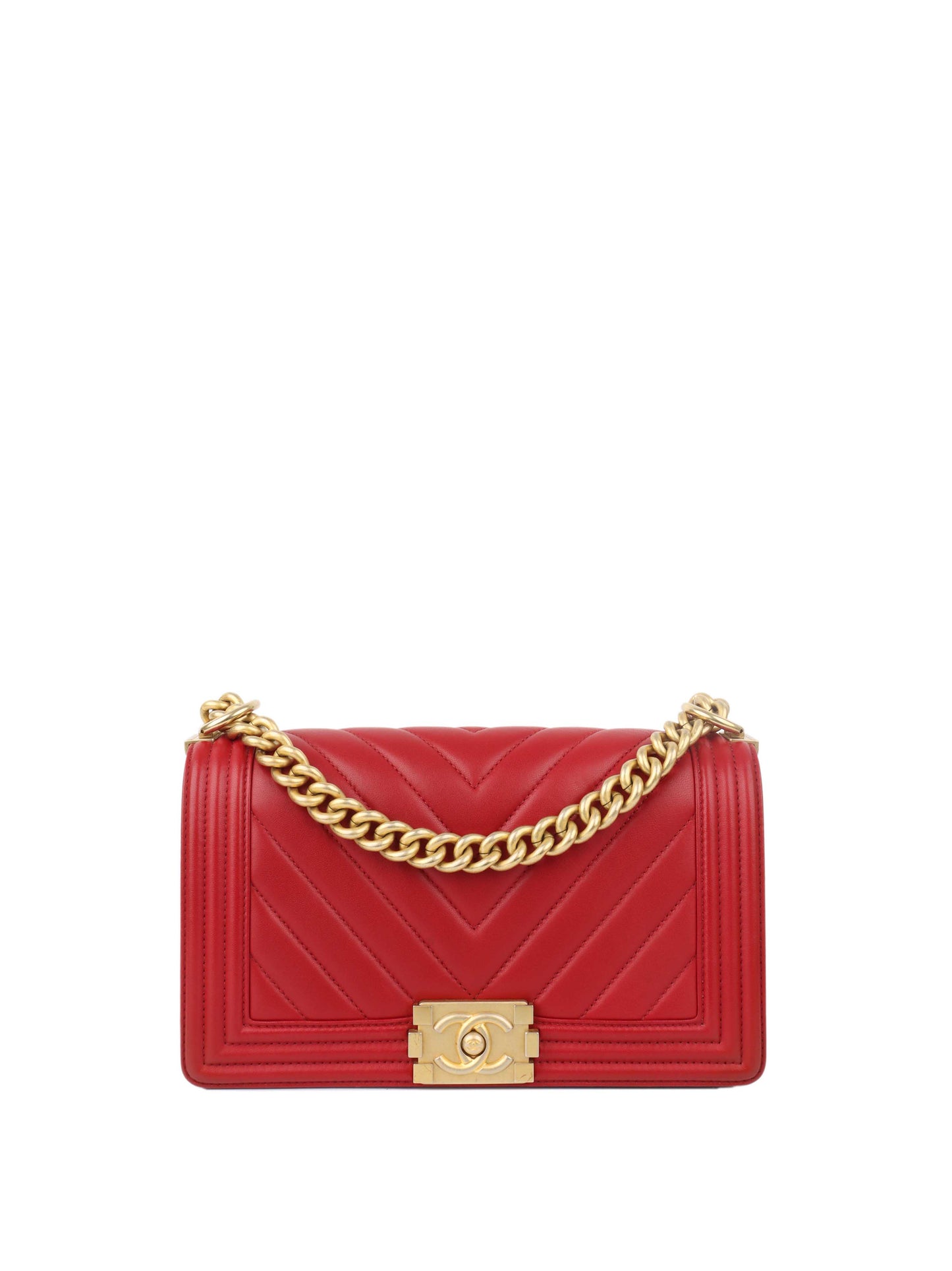 Chanel Medium Red Chevron Boy Bag in Lambskin GHW