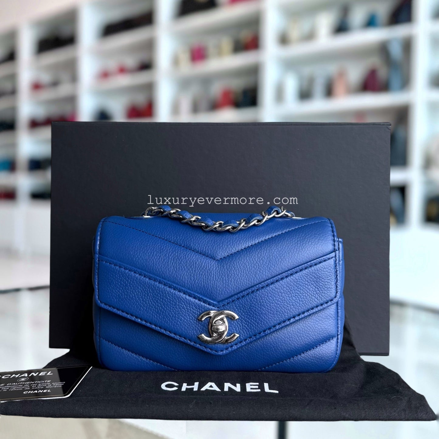 Chanel Seasonal Flap - Caviar V Stitch Chevron Mini Square Blue Silver Hardware Series 24