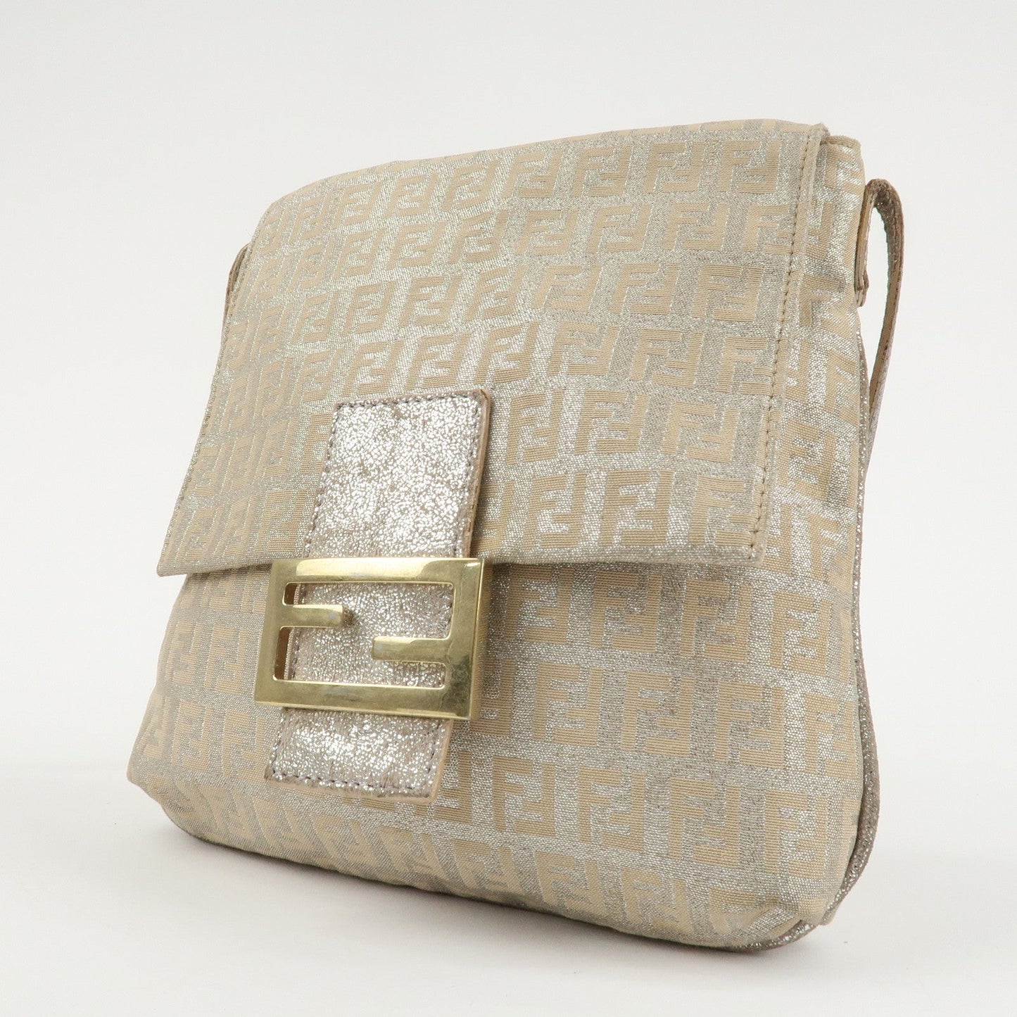 FENDI Zucchino Canvas Leather Shoulder Bag Silver Beige 8BT075  d