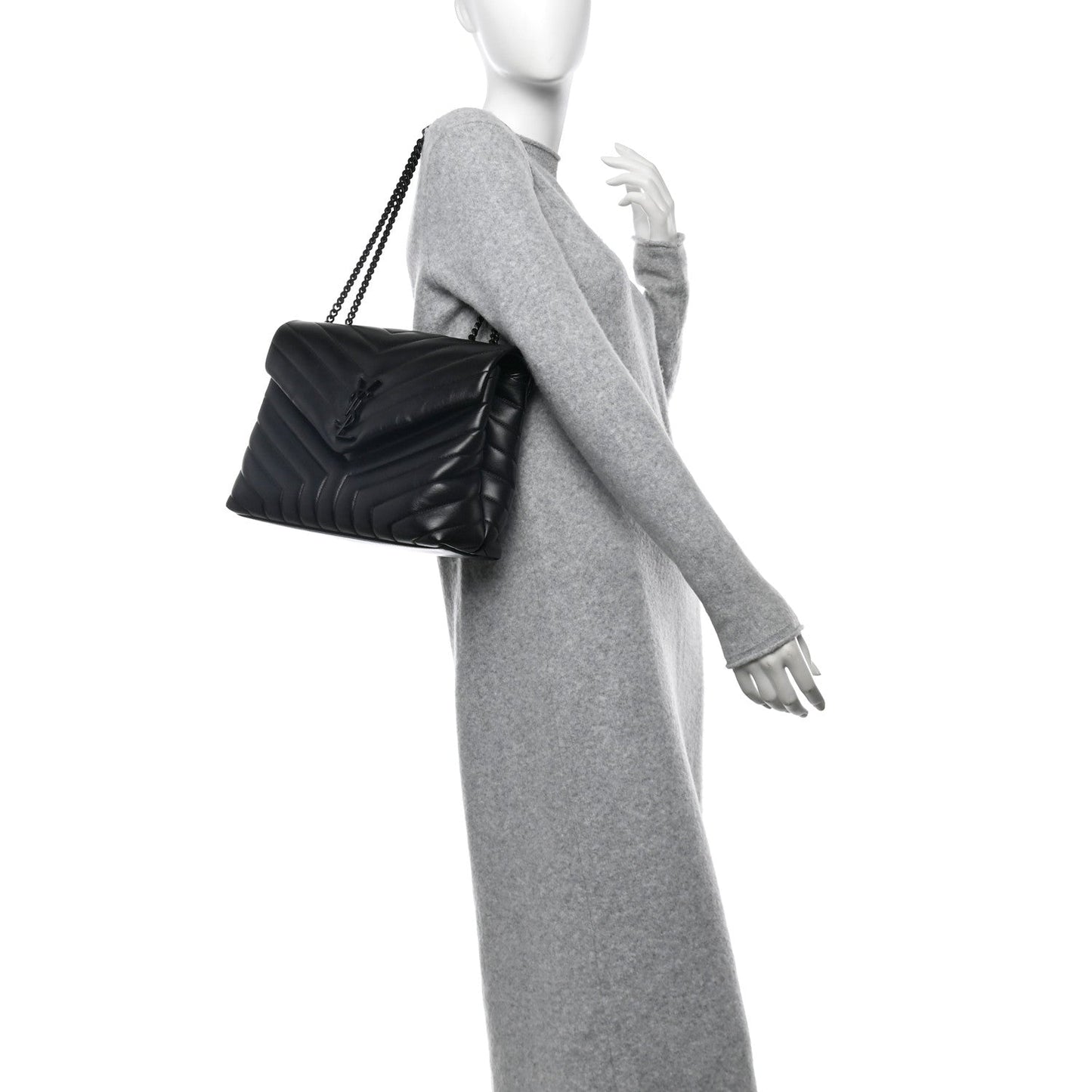 Saint Laurent Calfskin Y Quilted Monogram Monochrome Medium Loulou Chain Satchel Black