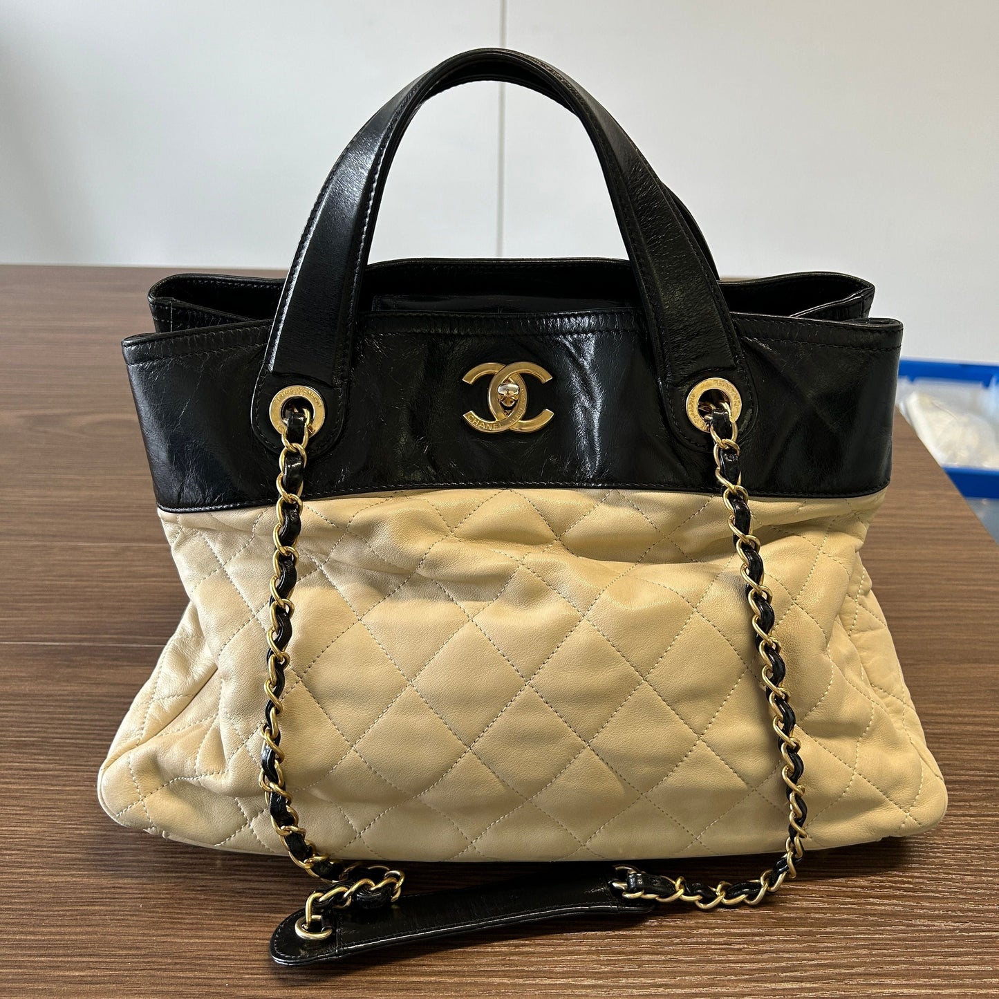 CHANEL Calfskin Quilted In The Mix Shopping Tote Beige Black LB121664