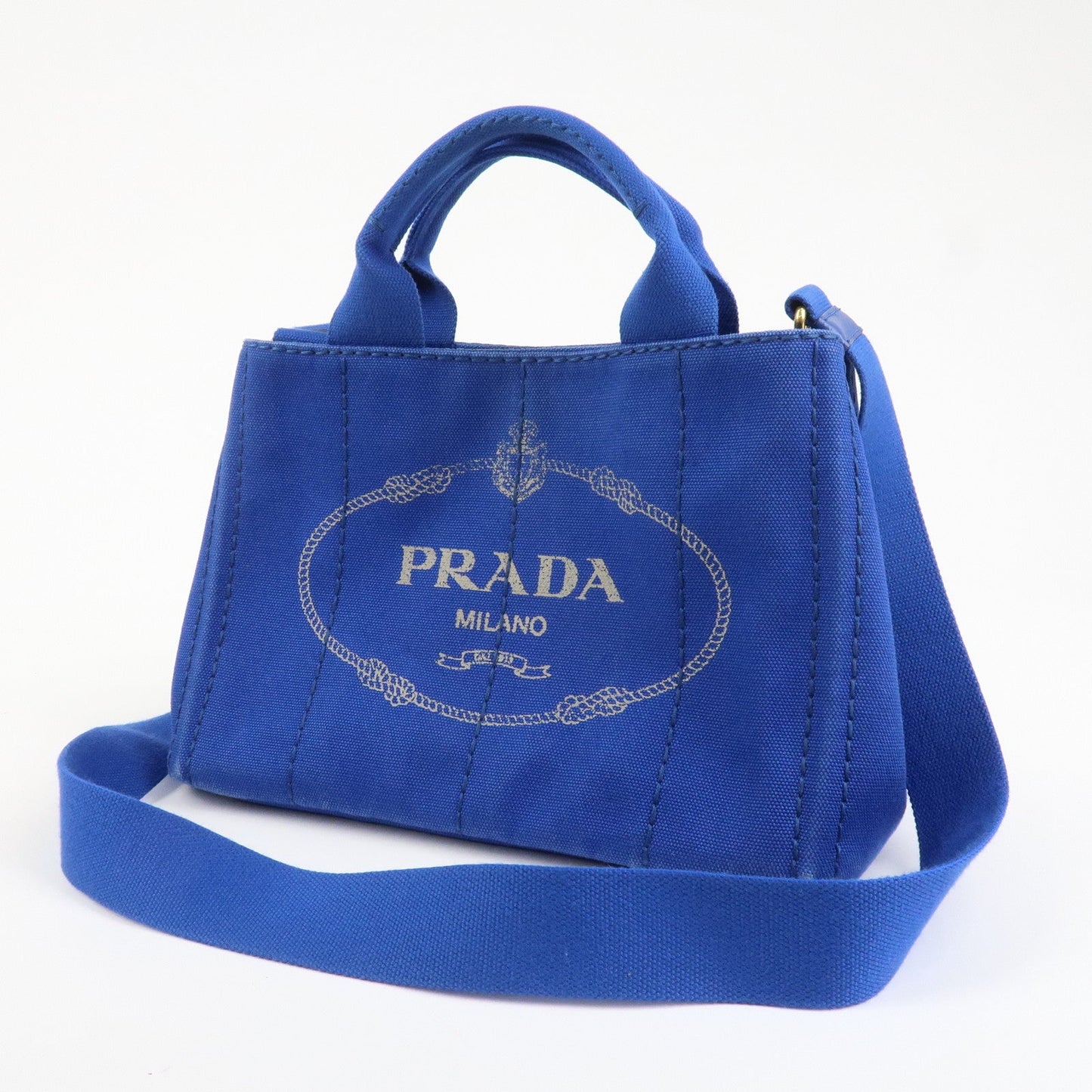 PRADA Logo Canapa Mini Canvas 2Way Tote Shoulder Bag Blue BN2439  d
